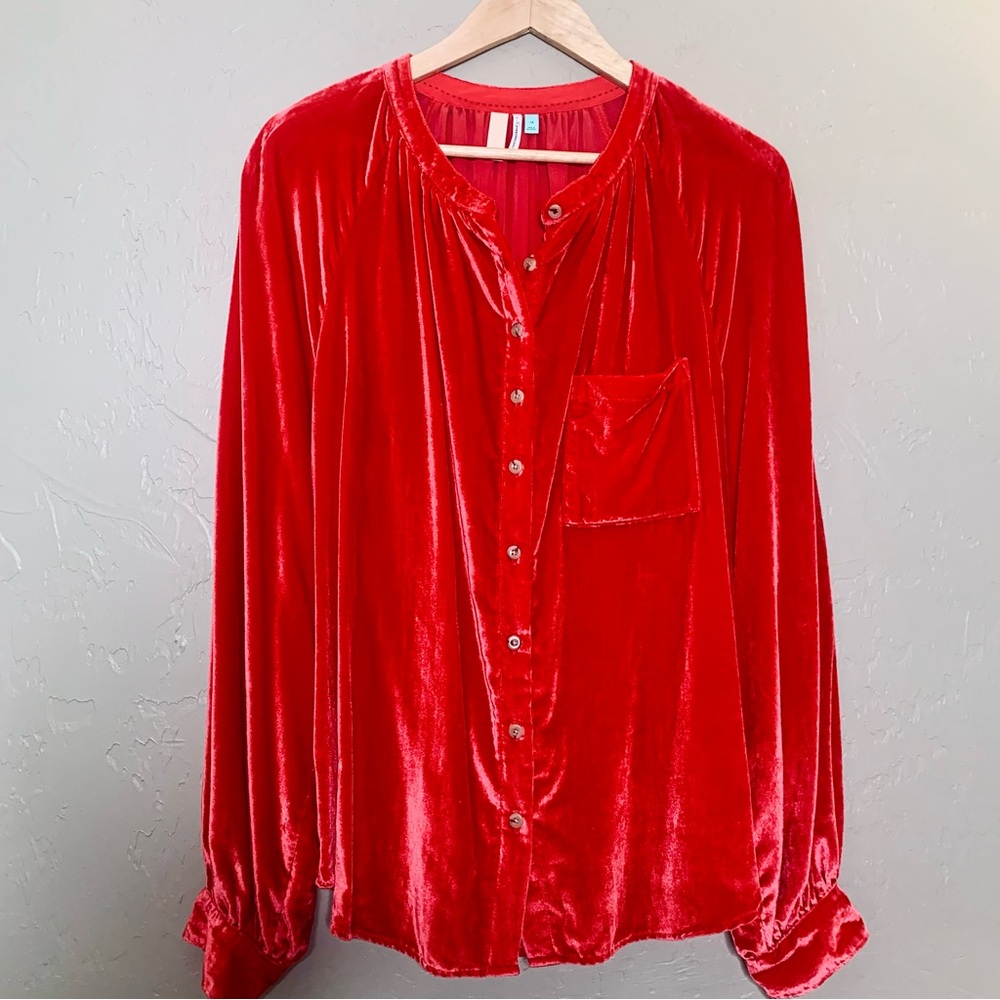 Anthropologie Pilcro Velvet Femme Button Down Shirt in Cherry Red EUC Size 1X - Picture 6 of 15